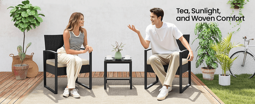 Yaheetech 3 Pieces Rattan Bistro Set, Outdoor Wicker Patio Modern Conversation Furniture, 2 Chairs & Tempered Glass Coffee Table for Garden, Balcony, Backyard, Poolside, Black/Beige