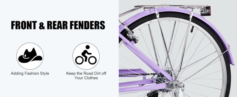 26" Cruiser Bike Commuter Bike 7 Speed Women's Bicycle Beach Cruiser with Ergonomic Upright Design, Adjustable Saddle, Dual Fenders & V Brake and High Carbon Steel Frame