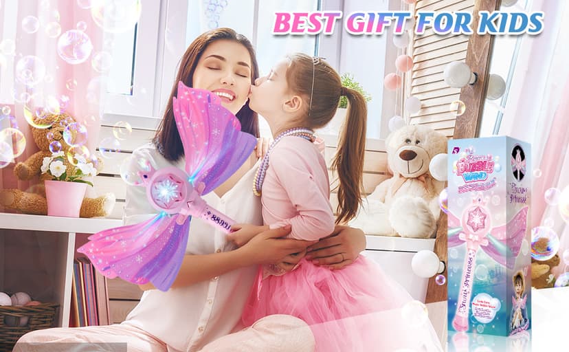 3 AA Batteries & 2 Bubble Solutions, Outdoor Party Birthday Gift for Girls 3-8, Bubble Machine for kids, Princess Toys, Pink Bubble Wand for Kids, LED Light Music Bubble Toys Girl Gifts Age 3+ B0BX57W4RX