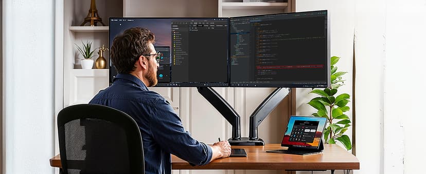 HUANUO Dual Monitor Stand for 13″–40″, Premium Dual Monitor Mount with USB, Height Adjustable Monitor Stand for 2 Monitors, VESA Mount with Clamp/Grommet Base, Holds 26.4lbs per Arm, HNDS7