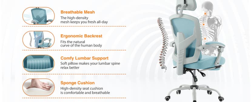 Sweetcrispy Office Computer Desk Chair with Footrest,Ergonomic High-Back Mesh Rolling Work Swivel Chairs with Wheels,Comfortable Lumbar Support,Comfy Arms for Home,Bedroom,Study,Student,Light Blue