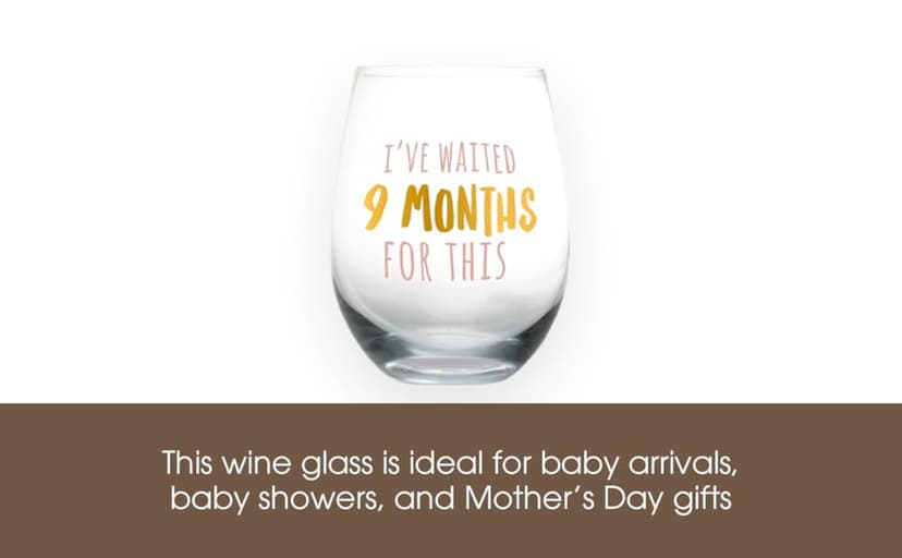 Pearhead I’ve Waited 9 Months For This Stemless Wine Glass, Perfect for Mother’s Day, Ideal Gift for Baby Shower, Post Pregnancy, New and Expecting Moms, Pink and Gold, 16 Oz