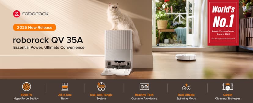 roborock Qrevo Series Robot Vacuum and Mop, 8000Pa Suction, Upgraded from Qrevo S, Anti-Tangle Brush, Smart Obstacle Avoidance, Auto Mop Washing, All-in-One Dock, 200RPM Spinning Mops, White(QV 35A)