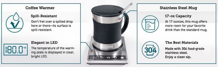 COSORI Coffee Mug Warmer & Mug Set for Desk, Cup Heater, Office & Christmas Gifts, 1°F Precise Temperature Control, Touch Tech & LCD Digital Display (77-194℉), 304 Stainless Steel, Silver/Black