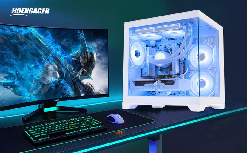 HOENGAGER Panorama Gaming PC Desktop AMD Ryzen 5 9600X 6-Core 3.9GHz, RTX 5060 8GB, 32GB DDR5 RAM 6000MHz,1TB PCIe SSD, WiFi&BT Prebuilt PC 650W PSU,Liquid Cooler,Windows 11, Desktop