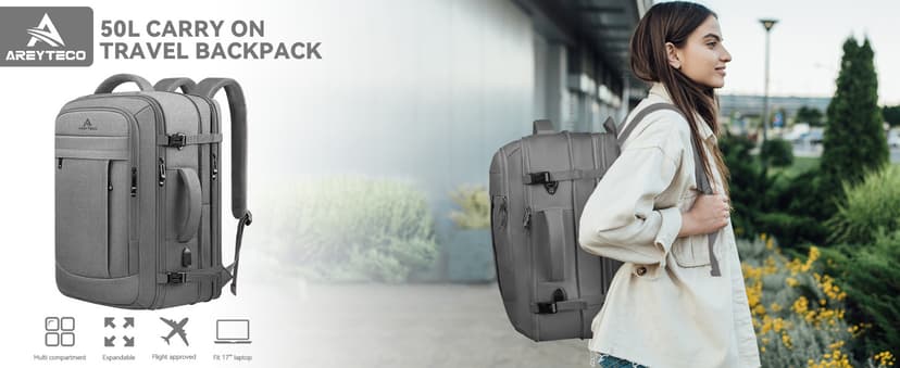 Carry On Backpack, 50L Extra Travel Laptop Backpack for Men Women, Big Bag Business Travel Essentials Gifts for men, 17 Inch Laptop Backpack Computer Bag Gifts for Him Men, Grey