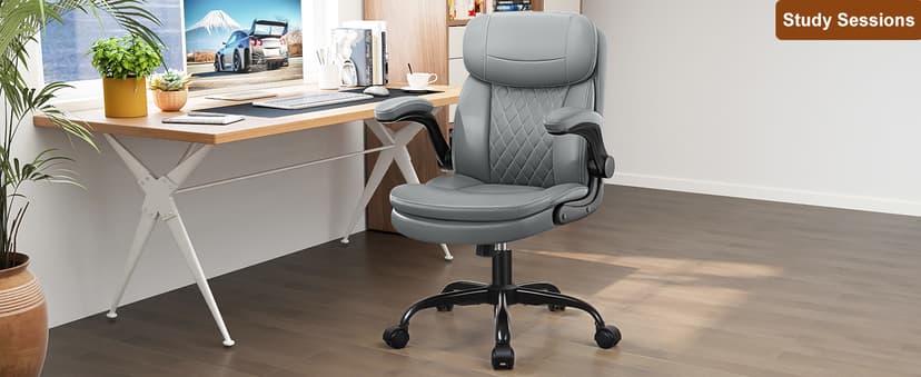 Leather Office Chair, Upgraded PU Computer Desk Chairs with Double-Layer Seat Cushion and Neckrest, 360°Swivel, Ergonomic Small Gaming Chair with Wheels and Adjustable Armrests for Short People, Grey