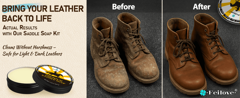 Feilove Saddle Soap for Leather – All-Natural 3-in-1 Leather Cleaner & Conditioner Kit with Horsehair Brush & Cloth – For Boots, Bags, Saddles, Car Interiors, Shoes 3.52oz