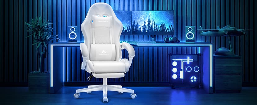 White Gaming Chair,Ergonomic Massage Computer Office Desk Chair with Footrest,Pocket Spring Cushion,Reclining Leather Adjustable Gamer Chair with Headrest and Lumbar Support,White