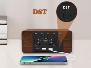 URAYCO Wood Digital Alarm Clock with 10W Fast Wireless Charger, USB Charging Ports, DST, Dimmable, Snooze, Large Number LED Display for Bedrooms, Desk, Living Room Table, Bedside, Nightstand (Brown)