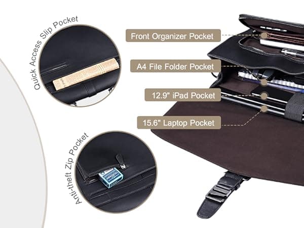 ESTARER Men's Leather Briefcase 15.6 Inch Laptop Computer Bag for Office/Business/Travel, Large Satchel Professional Pu Leather Messenger Shoulder Bag, Black