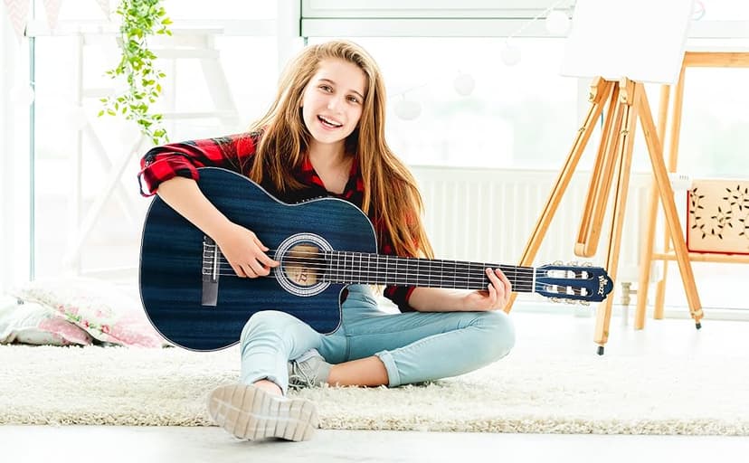 WINZZ AC309CE 39 Inches Cutaway Nylon-string Classical Electric Guitar Build-in Pickup Kit Set Online Lessons, Blue