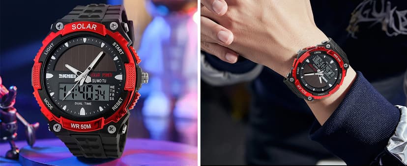 FANMIS Men's Solar Powered Casual Quartz Wrist Watch Analog Digital Multifunctional Black Sports Watch