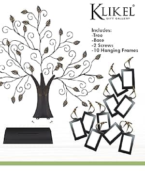 Klikel Family Tree Picture Frame Display with 10 Hanging Picture Photo Frames | Large 20 x 18 Metal Tree | 10 Ornamental 2x3 Frames