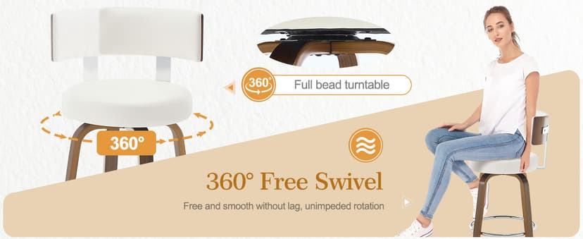 Bekrvio Swivel Counter Height Bar Stools Set of 3, Faux Leather Kitchen Stools Upholstered Barstools with Back, Walnut Wood Legs, Mid Century Island Chairs Counter Stools, 26" Seat Height, White