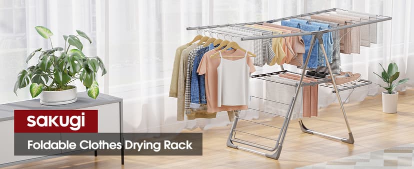 Sakugi Clothes Drying Rack, Foldable 2-Level Laundry Drying Rack with Height-Adjustable Wings, for Clothing & Bedding, Free-Standing Space-Saving Rack, Indoor & Outdoor, 55.5" L × 22.8" W, Gray
