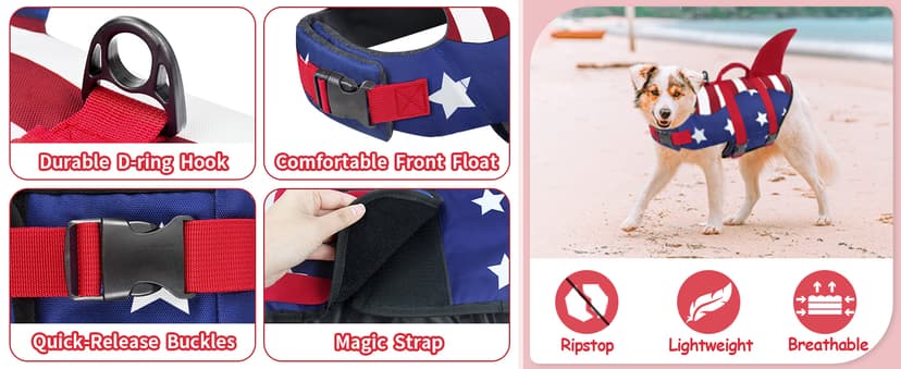 Malier Dog Life Jacket, High Buoyancy Shark Swimsuit, Ripstop American Flag, Medium, Red & Dark Blue