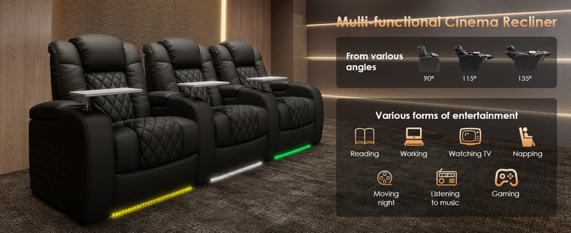 PBRO Home Theater Seating Top Grain Leather Recliner Chair, Movie Theater Chair Sofa with Power Reclining & Headrest USB Charger Ports Ambient Lighting, Black Single Seat for Home
