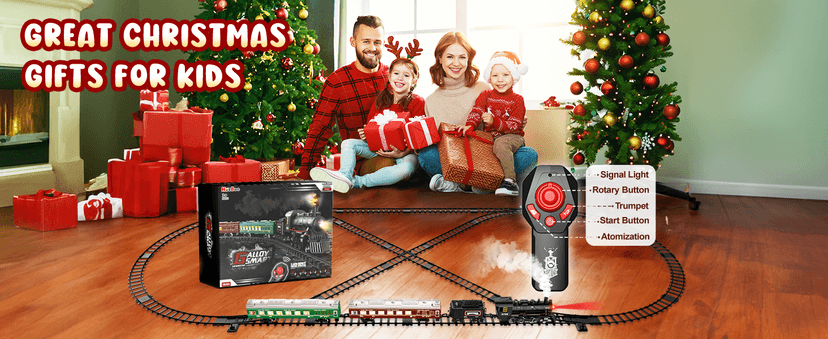 Hot Bee Train Set, Remote Control Train Toys with Luxury Track & Glowing Passenger Carriages, Metal Christmas Tree Train with Smoke, Light and Sound, Toy Train Set for 3 4 5 6 7+ Years Old Boys Gifts