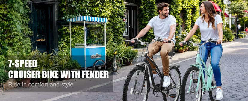 Women Bike, 26 Inch Beach Cruiser Bike, 7 Speed Commuter Bicycle with Ergonomic Upright Frame, Full Front & Rear Fenders (Green/Black/Red)