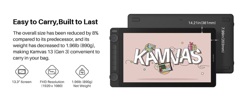 HUION Kamvas 13 (Gen 3) Drawing Tablet with Screen,13.3" Full-Laminated Art Tablet with Anti-Sparkle Canvas Glass 2.0, 99% sRGB, PenTech 4.0, 16384 Pen Pressure, Dual Dial for PC, Mac, Android, Black
