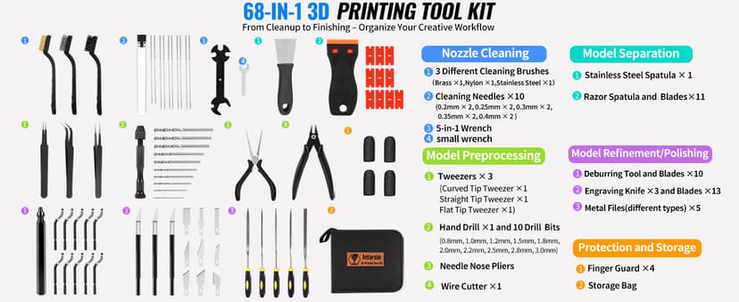 68Pcs 3D Printer Tools Kit with Storage Case, 3D Printer Accessories - Deburring Tool, 3D Printer Removing Scrapers, Metal Files, Brushes, Hand Drill, Tweezers, for Bambu Lab, Ender 3, Kobra, etc.