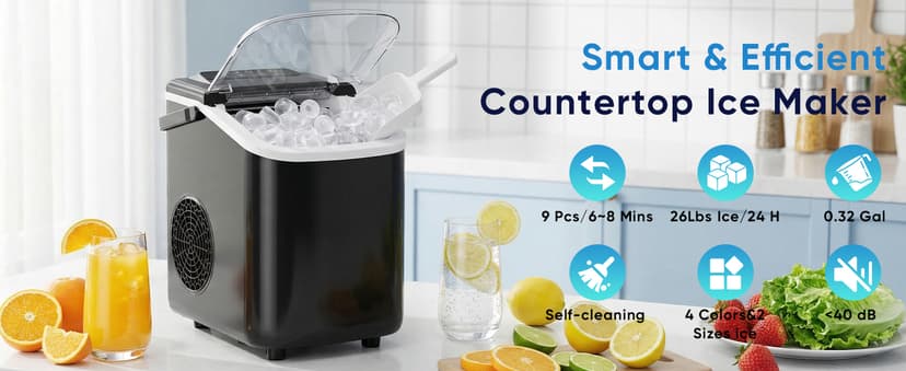 NEWBULIG Ice Maker, Countertop Ice Machine with Handle, 9 Bullet Cubes in 6~8 Mins, 26lbs Daily, Self-Cleaning with Basket and Scoop for Home/Kitchen/Camping/RV