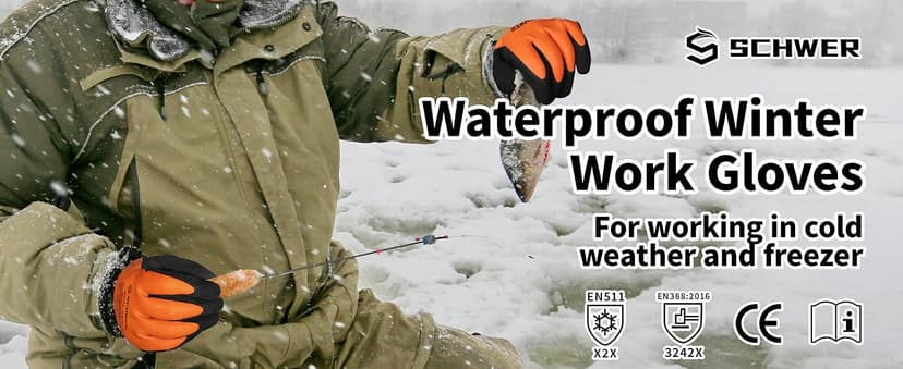 Schwer 2 Pairs 100% Waterproof Winter Work Gloves, ANSI A2 Cut Resistant Freezer Gloves for Outdoor Cold Weather Keep Hands Warm, Thermal Insulated Gloves for Shoveling Snow, Ice Fishing, L