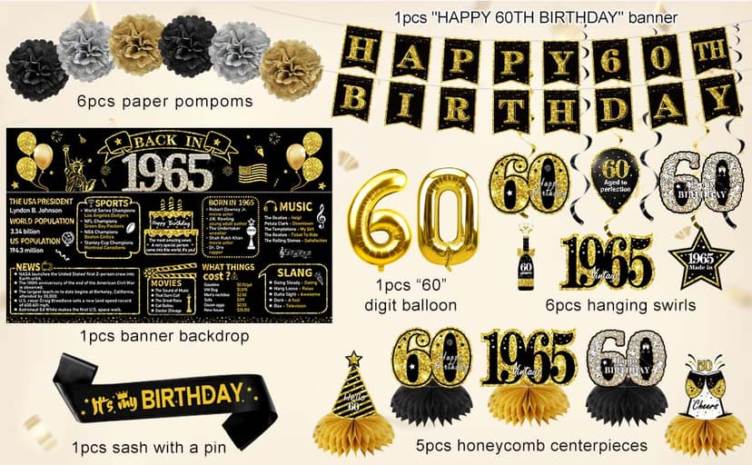 Zirtorei 60th Birthday Decorations for Men, 21pcs Vintage 1965 Banner Party Supplies, Black Gold 60 Year Old Birthday Backdrop, 60 Birthday Honeycomb Centerpiece Hanging Swirls Balloon Sash Gifts