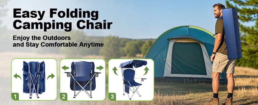 VTOY Portable Camping Chair with Canopy - Folding Chair with Canopy, Durable 600D Oxford Canopy Chair for Camping, Beach, Picnics, Fishing & Sports