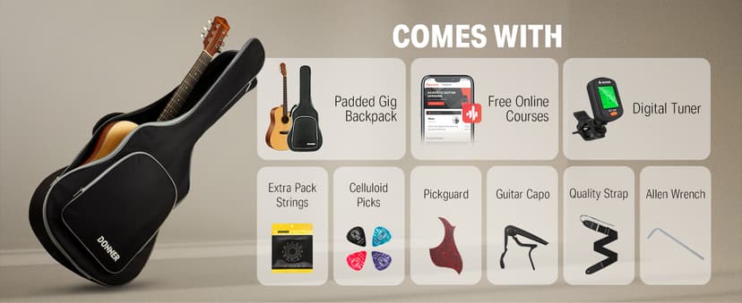 Donner 41” Acoustic Guitar Bundle for Beginners Adults with Online Lesson, 4/4 Full Size Steel Acustica Guitarra with Gig Bag, Tuner, Strap, Strings, Picks, Capos, Cutaway, Natural, DAG-1C/DAD-110C