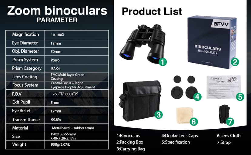 10-180x100 Zoom Binoculars for Adults, Day/Low Light Night Vision High Powered Binoculars with BAK4 & FMC Lens, Waterproof Fogproof for Hunting Birdwatching Travel Sports Concerts Gift for Men
