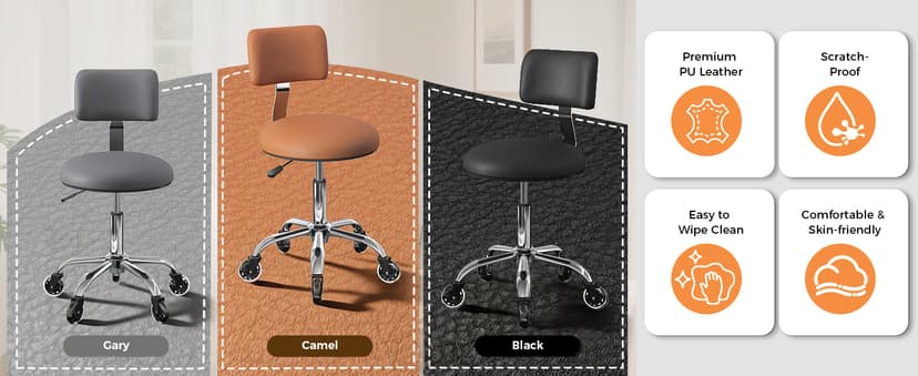 Rolling Stool Chair with Wheels, Office Drafting Chair with Back Support, Height Adjustable Standing Desk Stool with PU Leather Cushion for Home Office Kitchen Vanity Spa Garage Tattoo Dentist, Camel