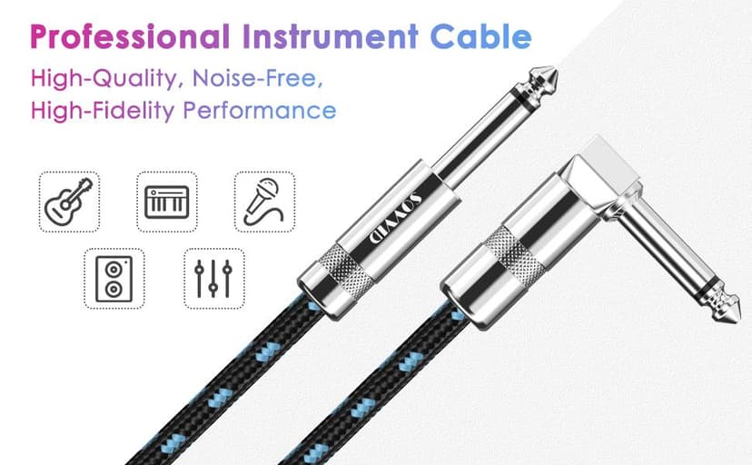 Sovvid 10FT Instrument Cable - Electric Guitar & Bass Cable with Right Angle 1/4 Inch Connector - Black & Bluetest