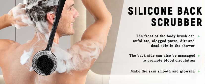 VWMYQ VWMYQ Silicone Back Scrubber for Shower, 17in Lengthen Long Handle Body Brush, Double Sided Shower Brush for Shower Exfoliating and Massage Can Produce Rich Foam, Long Handle Back Scrubber for Men