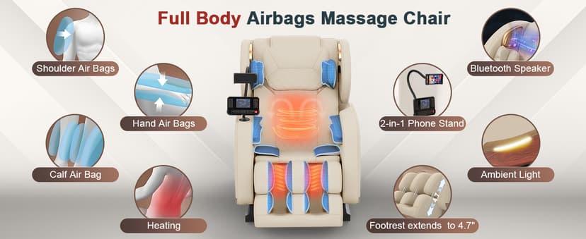 2026 Massage Chair, Massage Chairs Full Body and Recliner with 10 Fixed Points, Zero Gravity, Wood Grain Leather, Foot Massage, Airbags, Lumbar Heating, Bluetooth and Control Screen (Ivory White)