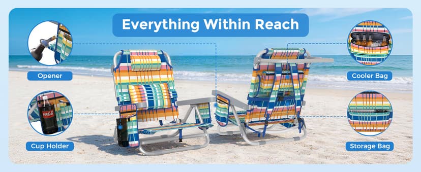 5-Position Backpack Beach Chair for Adults with Lumbar, Foldable Tall Heavy-Duty Beach Chairs with Cooler Bag,Cup Holder,Towel Rack for Beach, Camping, Outdoor (1, Rainbow)