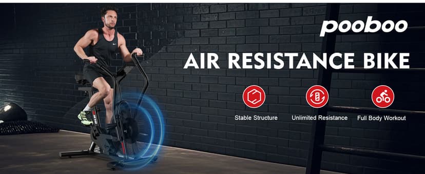 pooboo Exercise Bike, Stationary Bike for Home Gym, Air Resistance Bluetooth Fan Bike w/Dual Acction Handlebars & Dual-Layer Transmission System, Upright AirBike Indoor Cycling Bike for Cardio Workout