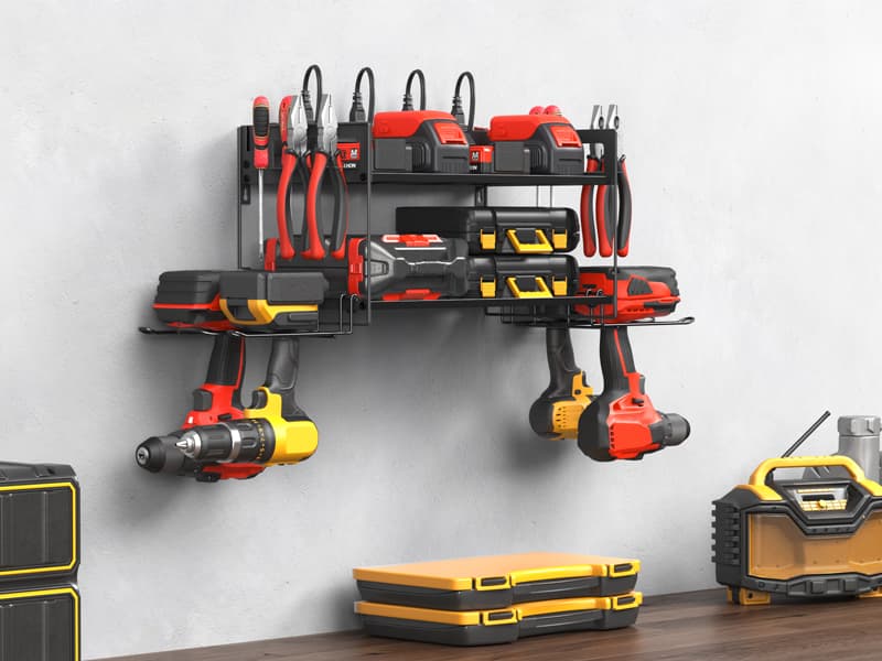 CCCEI Garage Tools Storage with Charging Station. Power Tool Battery Organizer Utility Shelf with Power Strip. 4 Drills Holder Wall Mount Rack, Black.