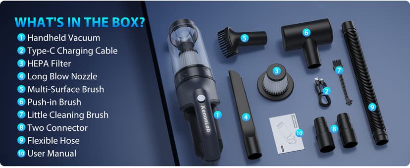 XenonLab Handheld Vacuum Cordless 1.1 Pounds Car Vac 10000PA Hand Held Vacuums 4-in-1 Hand Vac Cordless Rechargeable HEPA Filter Large Capacity Dust Cup for Car Office Home Pets Hair (Gray)