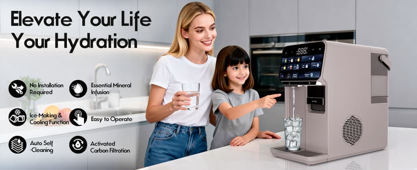 Ice Maker Water Filter Dispenser, 3 in1 Countertop Instant Hot & Cold Water, Ice Water Dispenser with ice Box, 7 Temperature & 5 Dispensing Volume Options Portable No Installation.