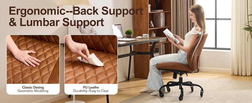 YFO Home Office Desk Chair Office Rubber Casters Ergonomic Computer Chair with Lumbar Support Adjustable Height Rolling Swivel Executive Task Armrests Chair, Brown Leather