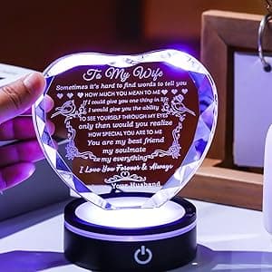 YWHL Gifts for Wife with Colorful LED Base Romantic Wedding Anniversary I Love You Gifts for Her Best Wife Birthday Gift Ideas to My Wife Crystal Keepsakes Presents from Husband