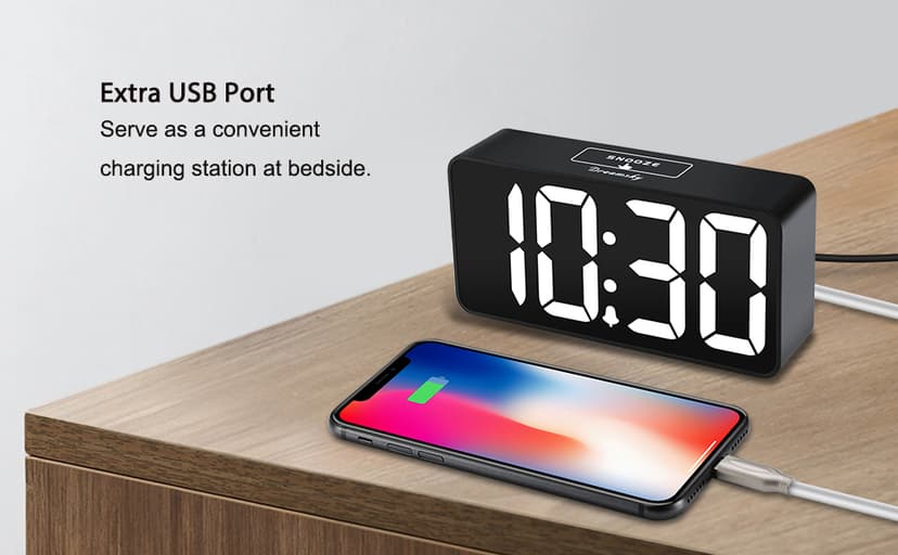 DreamSky Small Digital Alarm Clock for Bederoom, Large Big Numbers Display with Dimmer for Living Room, Electric Bedside Desk Clock with USB Charging Port, Adjustable Volume, USB-C Adapter Powered