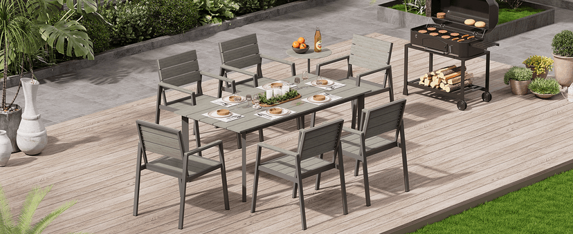 Outdoor Dining Set, Patio Table and Chairs Set with Umbrella Hole, 7 Pieces HDPS + Aluminum Patio Dining Furniture Set for Backyard, Garden (Gray & Teak)