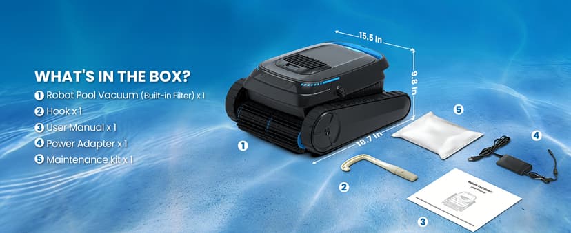 Robotic Pool Vacuum PC10, Cordless Pool Cleaner Robot for Inground & Above Ground Pools, Smart Navigation, 5000GPH Suction Power for Cleaning Floor, Wall & Waterline, Self-Parking, Black