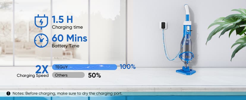 Cordless Pool Vacuum with Telescopic Pole, 18.5 GPM Powerful Suction, 1.5H Supercharge Technology, Handheld Rechargeable Pool Vacuum Cleaner for Above Ground/Inground Pools, Hot Tubs, Spas