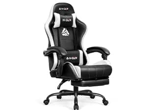 N-GEN GAMING Video Gaming Chair with Footrest Lumbar Support for Home Office High Back Recliner Height Adjustable Ergonomic Comfy Leather Computer Desk Chair (White)