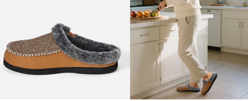 ATHMILE Men's Slippers Slip On Moccasin, Indoor Outdoor Warm Fuzzy Comfy House Shoes, Fluffy Wide Loafer Home Bedroom Slippers