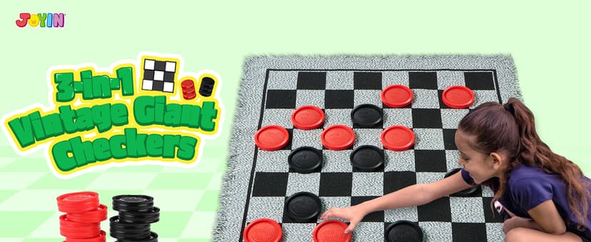 3-in-1 Vintage Giant Checkers, Tic, Tac, Toe, with Reversible Mat, 24 Chips, Family Board Game, Lawn Game, BBQ Party Favor, Indoor and Outdoor Activity for Kids and Adults